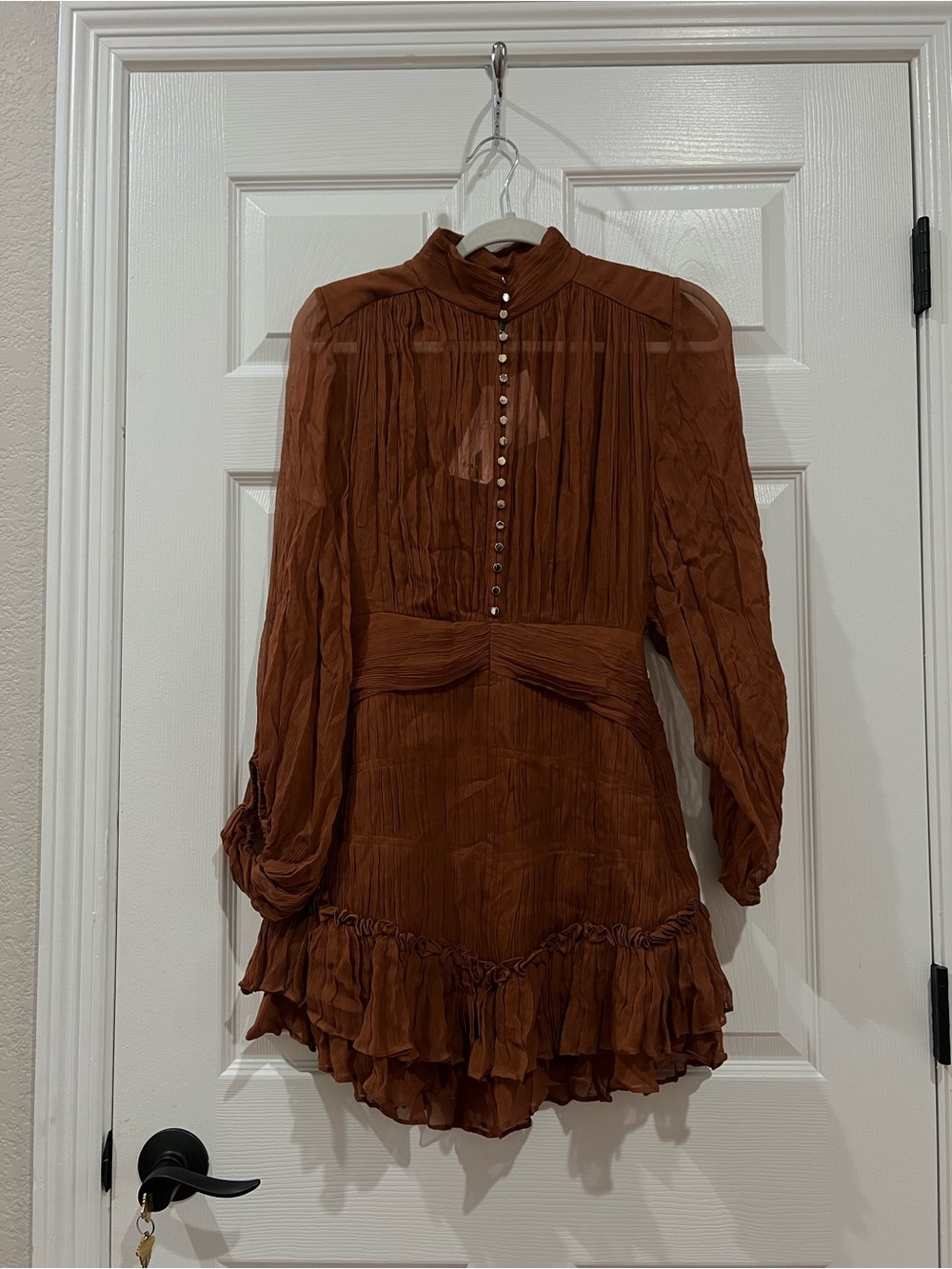 Shona Joy Leonie Mini Dress Almond Ruched Chiffon High Neck US 4 NWT $380